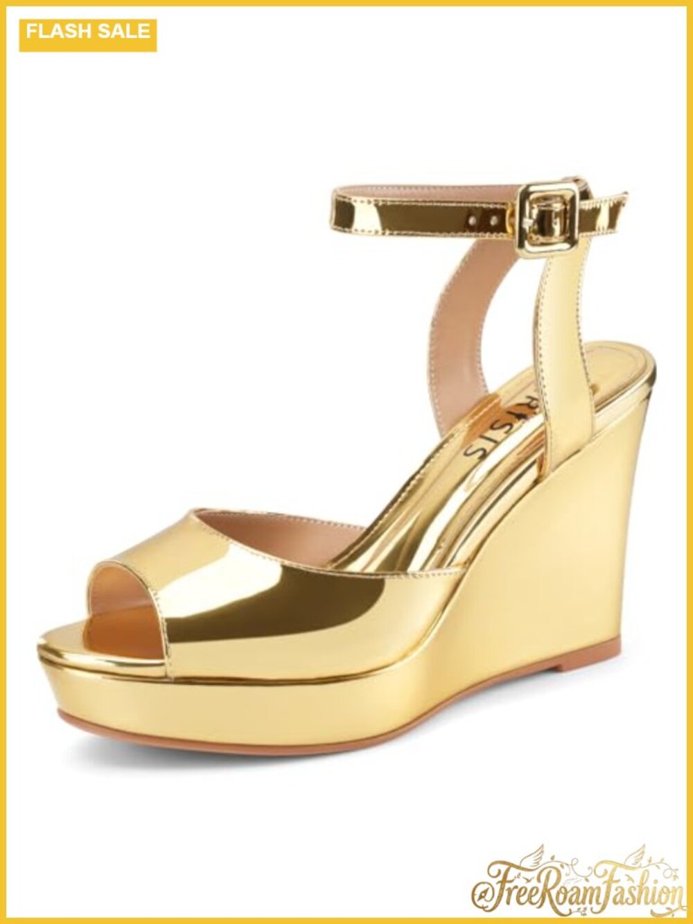 Women's Patent Faux Leather Wedge Platform Peep Toe Sandals Ankle Strap Buckle